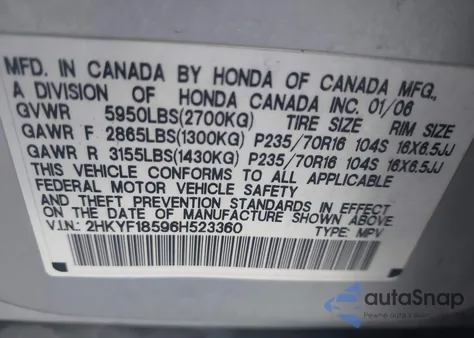 2006 Honda Pilot Ex-L из США, поврежденный, VIN 2HKYF18596H523360